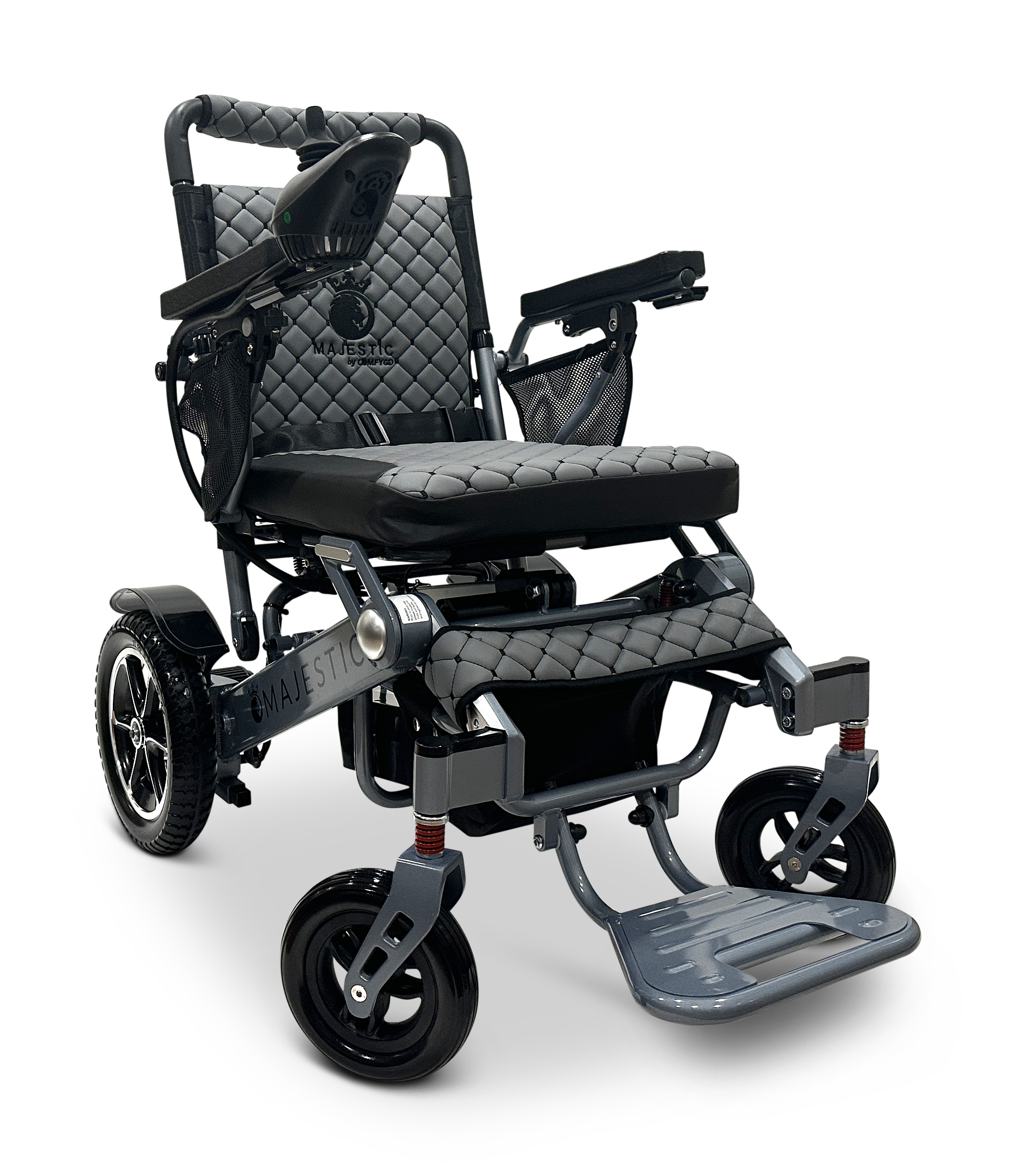 The MAJESTIC IQ-7000 Remote Controlled Electric Wheelchair is a black, modern design featuring padded seats and armrests, 360-degree joystick control, solid tires, and a foldable footrest. Its sleek frame with quilted seat and backrest is perfect for lightweight transport.
